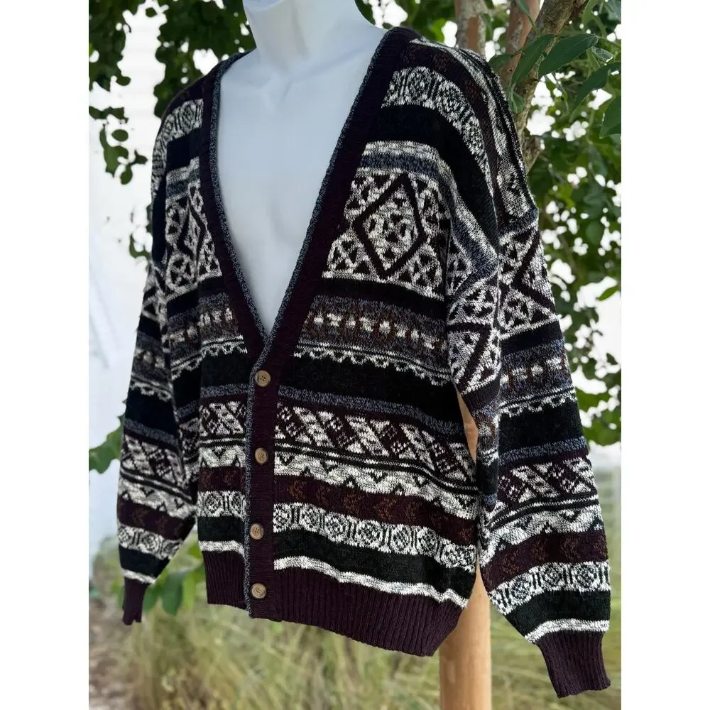 Vintage Michael Gerald Cardigan Sweater L Geometric Fair Isle Grandpa Knit 90s